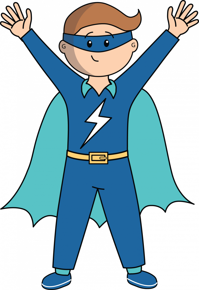 Illustration of a cartoon superhero boy with a blue costume, cape, and a mask, joyfully raising his arms during children's occupational therapy.
