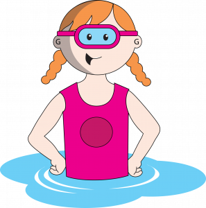 A cartoon girl with orange braided hair and goggles partakes in a children's occupational therapy session, standing waist-deep in water, wearing a pink tank top.