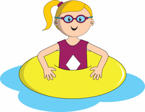 Illustration of a young girl with glasses and a ponytail, participating in children's occupational therapy, wearing a lifebuoy at the pool.