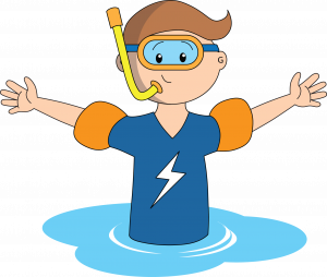 A cartoon of a young boy with snorkeling gear and arm floaties, standing in water, arms spread wide, smiling, about to dive into an underwater adventure.