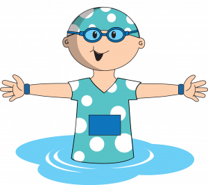 Illustration of a happy child wearing a polka dot swim shirt and goggles, standing in a shallow pool of water, arms spread wide, depicting the joy of pediatric occupational therapy activities.