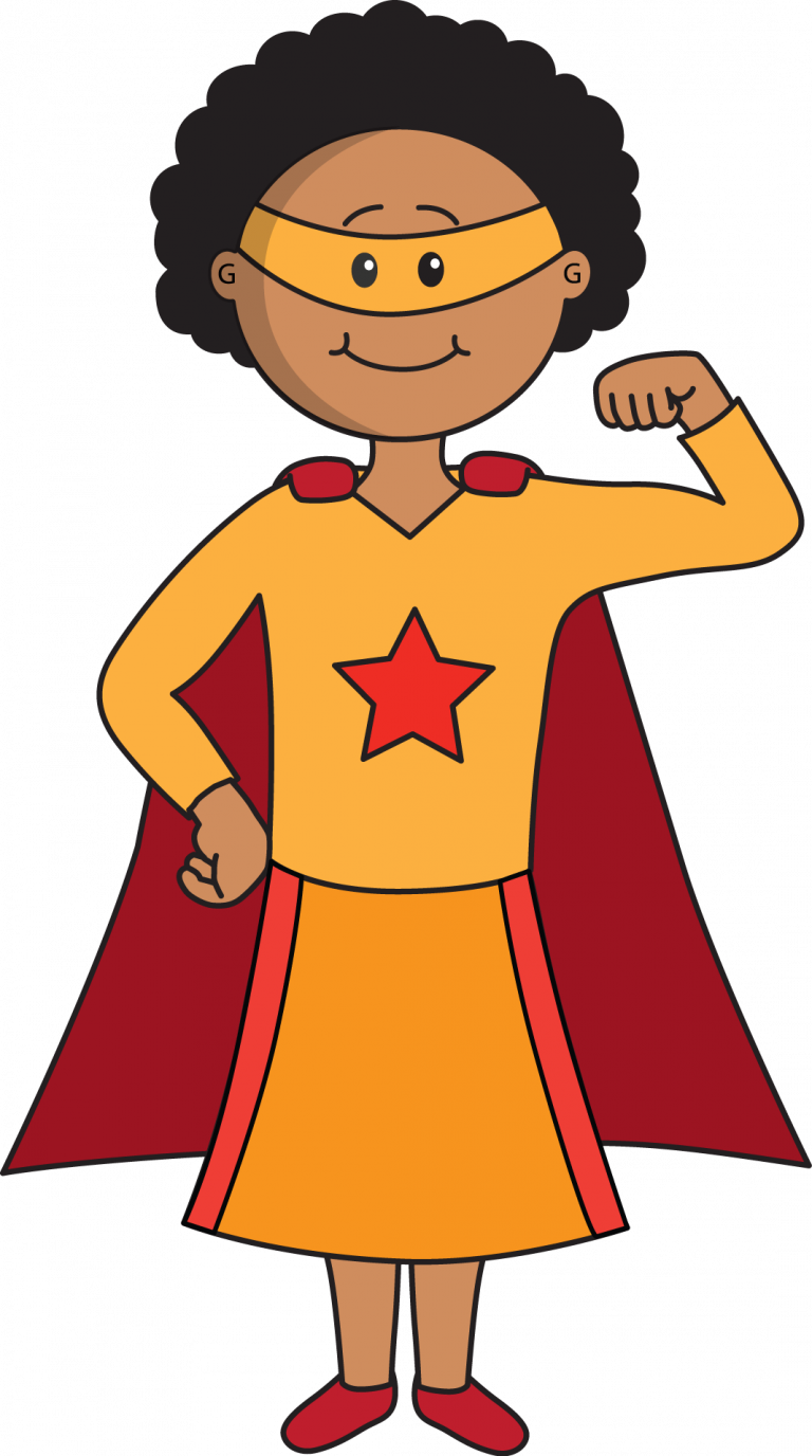 Illustration of a confident young superhero girl with curly hair, wearing a yellow costume with a red star, cape, and headband, standing in a heroic pose for children's occupational therapy.