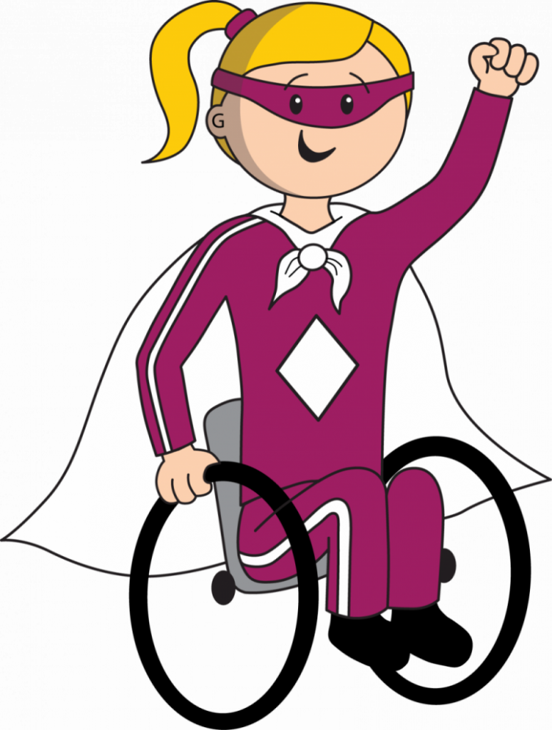 Illustration of a cartoon superhero girl in a pink costume with a yellow headband and white cape, sitting and raising one fist triumphantly during a children's occupational therapy session.