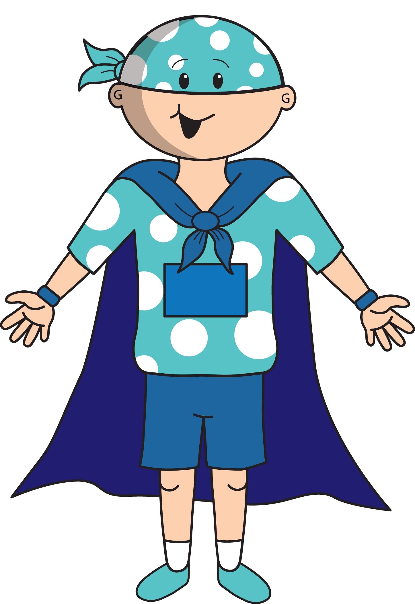 Illustration about a young boy dressed as a superhero in a blue polka-dotted cape and bandana, standing with arms outstretched, smiling.