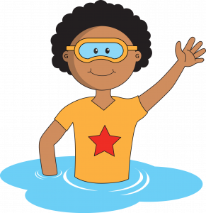 Cartoon of a smiling child with curly hair, wearing goggles and a yellow shirt with a red star, waving while standing in water, about pediatric occupational therapy.