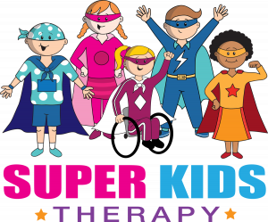 Illustration of five diverse children in superhero costumes with "super kids therapy" text above them, symbolizing empowerment and inclusivity in pediatric occupational therapy.