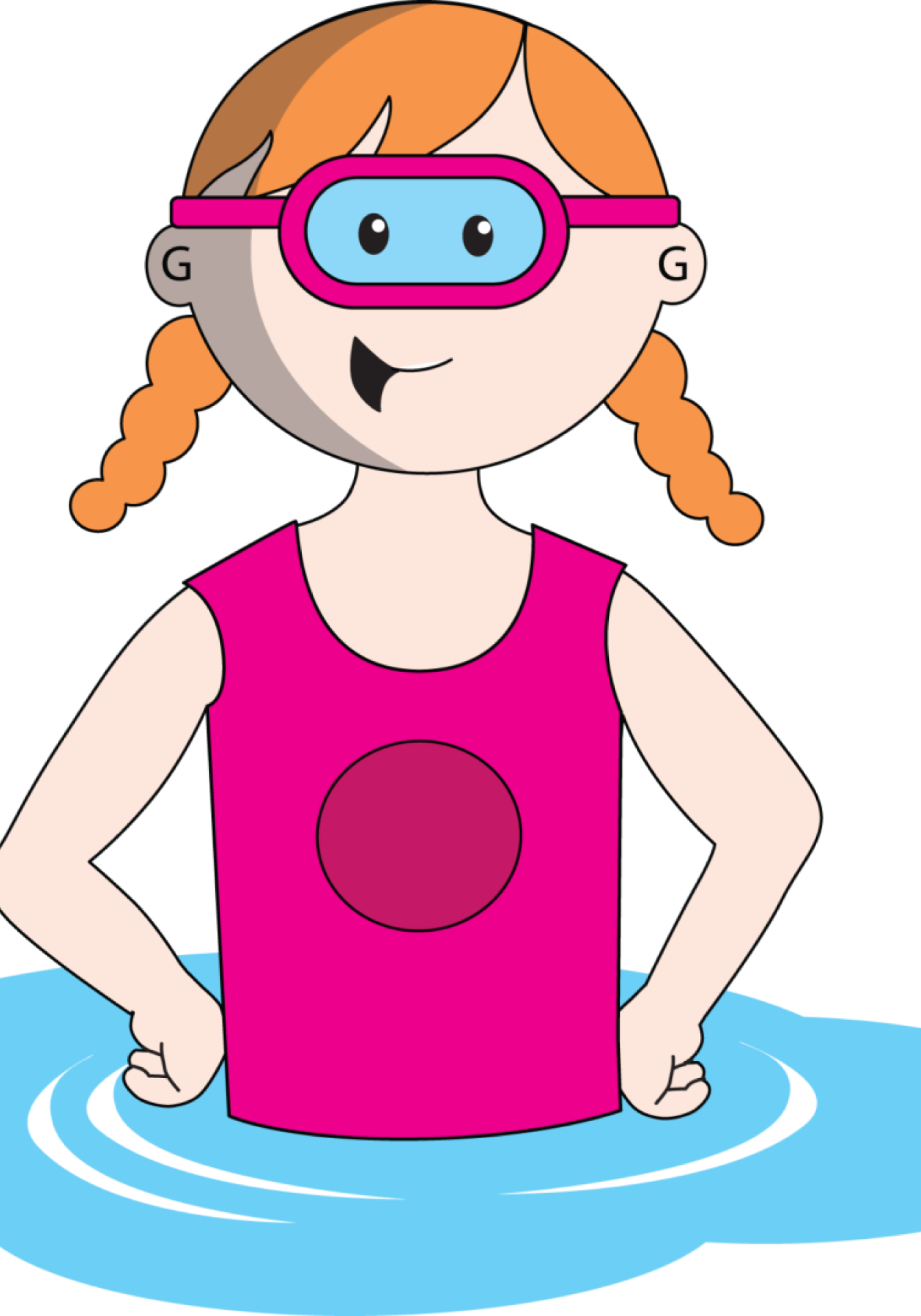 Cartoon of a girl with braided hair and goggles, wearing a pink sleeveless top and standing in water, designed for children's occupational therapy.